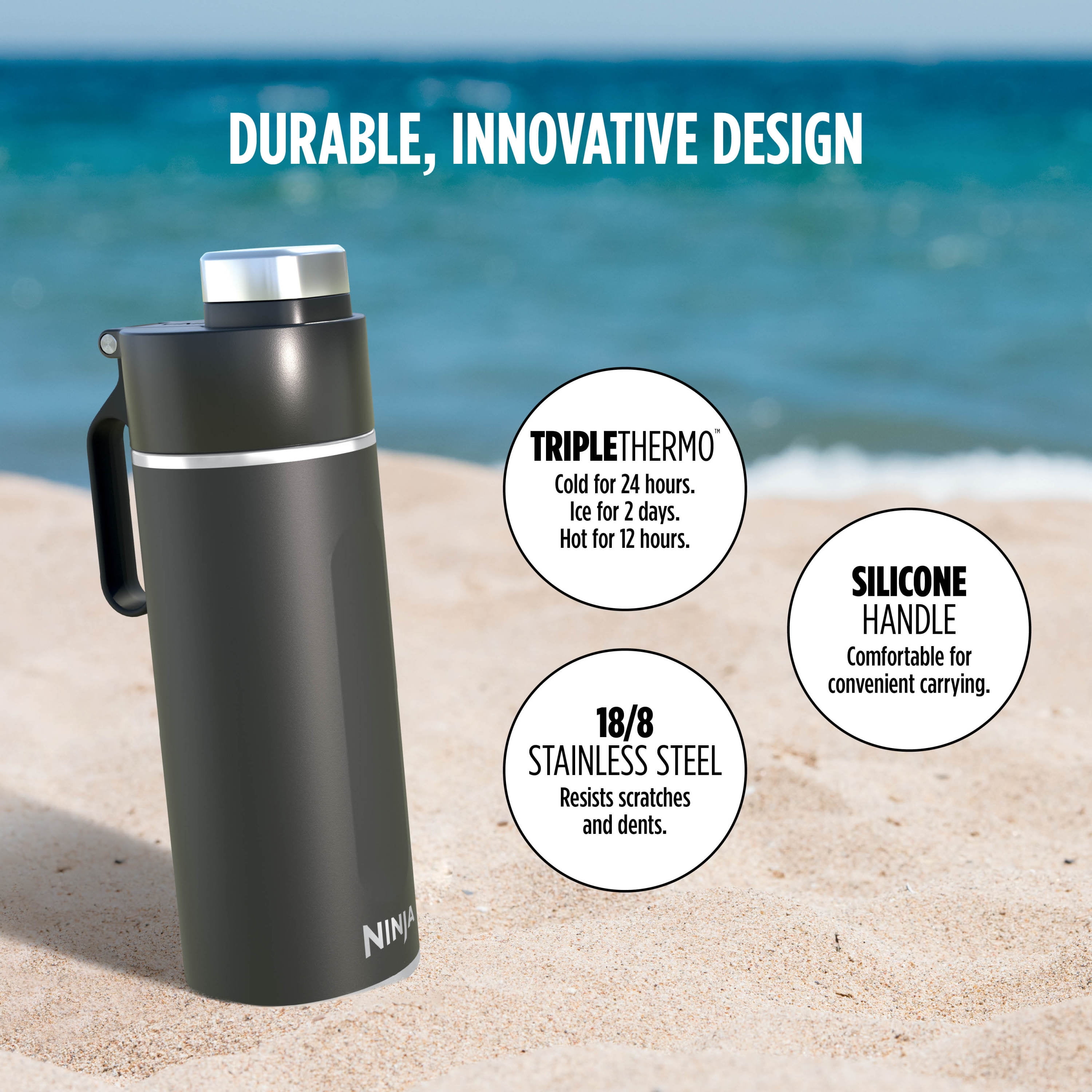 Ninja Thirsti 18 oz Travel Water Bottle, Stainless Steel, Leak Proof, 24 Hours Cold, Black