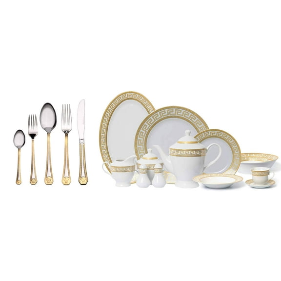 Euro Porcelain 97-piece Dish and Flatware Dinner Set - Greek Key Medusa Pattern 24 kt Gold Ornament, HQ Dining Service for 8