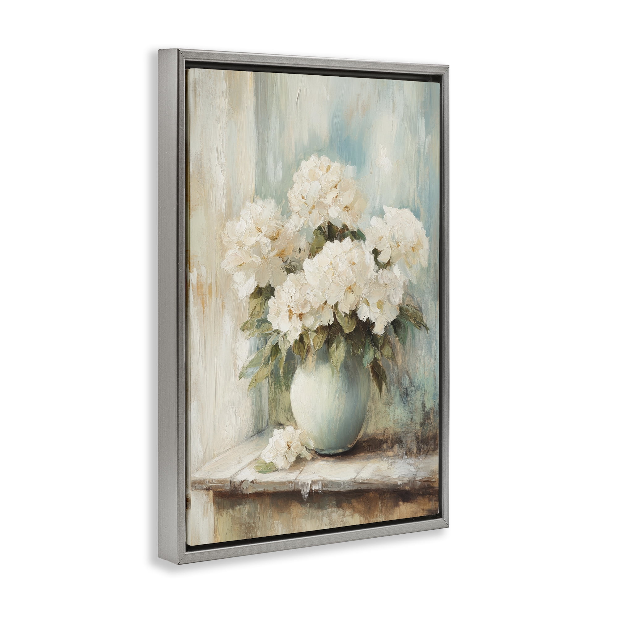 Stupell Industries Mantle Arrangement of Soft Blossoms Gray Framed Floater Canvas Wall Art, design by Petal Prints Design