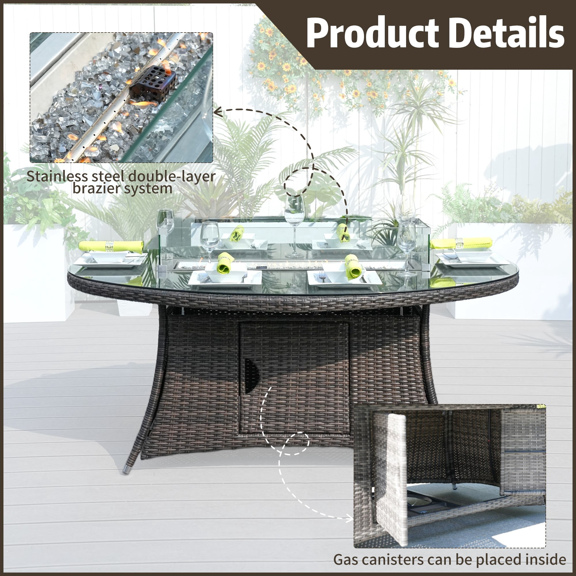 Direct Wicker Outdoor Patio Rattan Propane 6-Seat Oval Gas Fire Pit Table - Brown (Table Only)