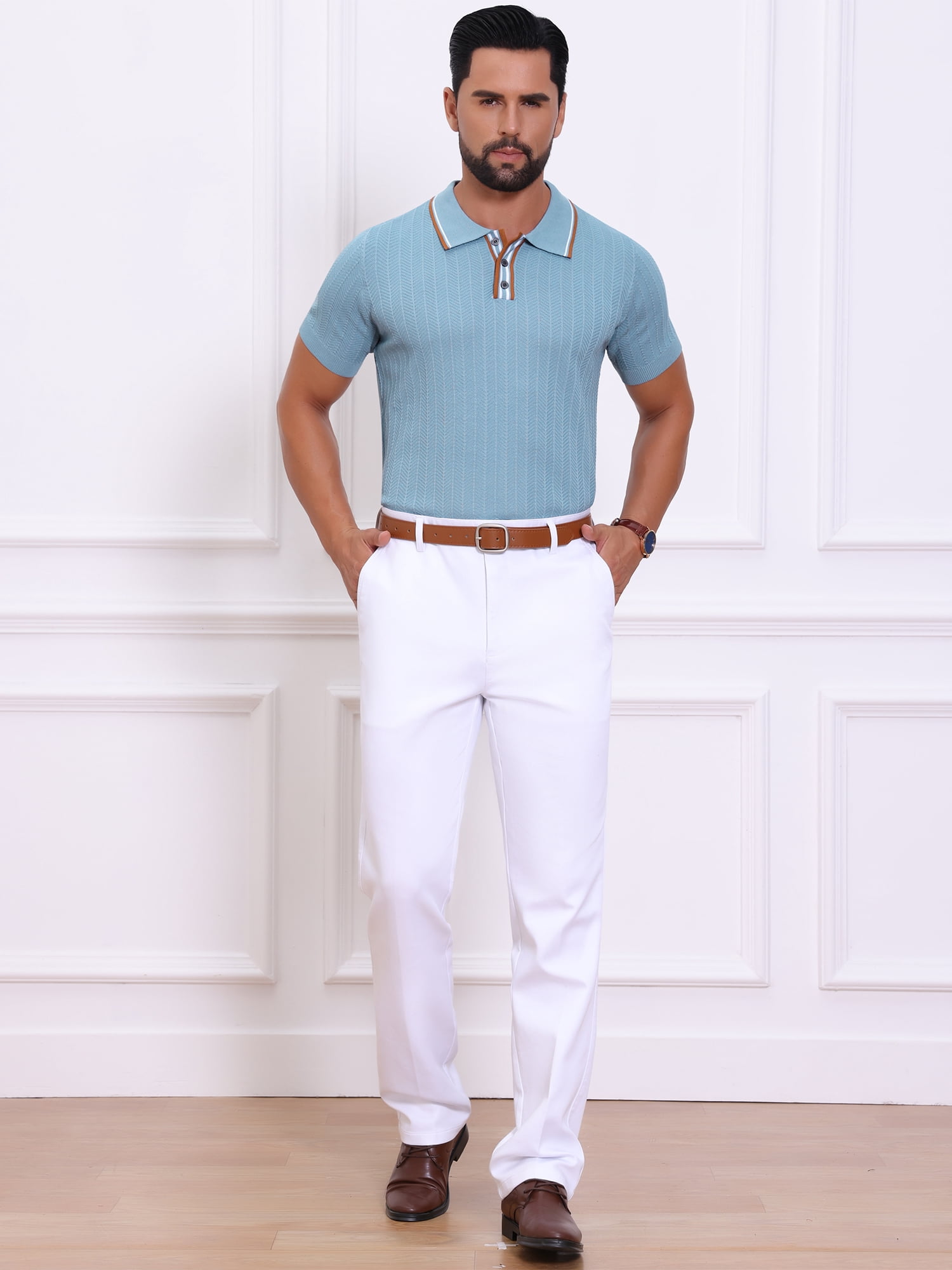 DARING DIVA Men's Knitted Ribbed Hem Short Sleeve Textured Golf Shirts S Light Blue