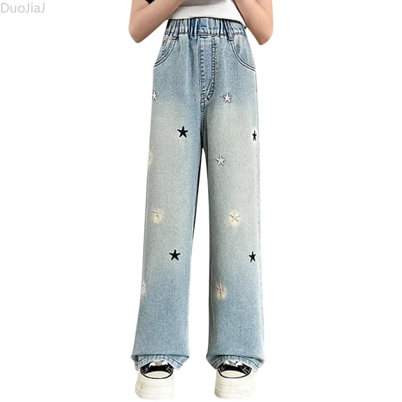 DuoJiaJ Kids Girls Jeans Distressed Elastic Waist Baggy Denim Wide Leg Pants Trousers Girls Light Wash Jeans Size 4-5 Years,Blue