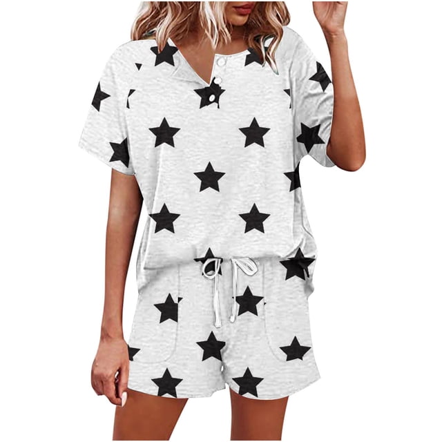 Conjunto de Verano para las Mujeres Impresión Casual Botón de Manga Corta Ropa de Noche Pantalones Cortos Ropa de Dormir, Conjunto de Ropa para las Mujeres