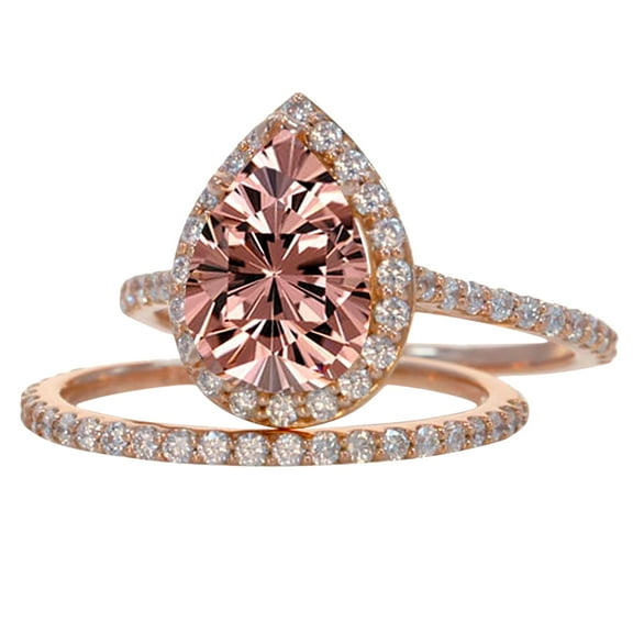 2 Carat Real Morganite and Moissanite Halo Bridal Ring Set with 18k Gold Plating