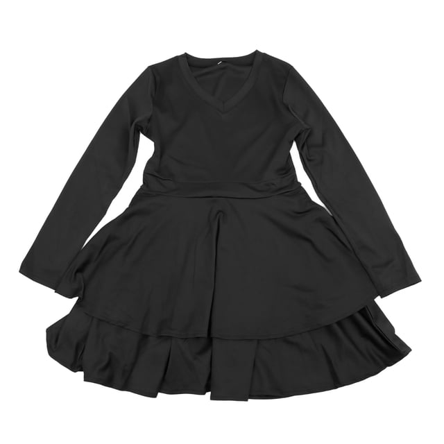 Vestido informal de manga larga con escote en V para mujer, vestido corto de verano a la moda con dobladillo con volantes, vestido de mujer de manga larga para fiesta diaria, banquete, negro M