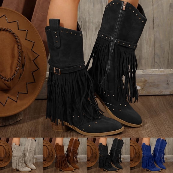 Pandaie Womens Western Cowboy Boots Fringe Tassel Side Zipper Block Heel Wide Mid Calf Booties Suede Casual Country Concerts Dress Boots Beige 6.5