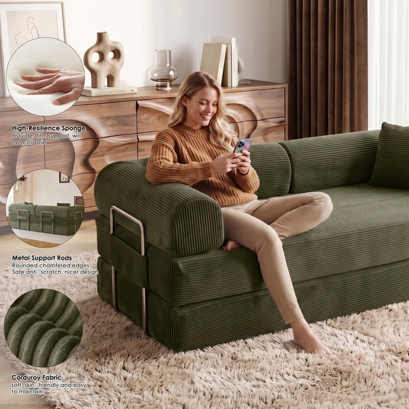 Anpport 78.8" Compression Boneless Sectional Sofa, Convertible Floor Sleeper Bed with Pillow Back Armrest, Corduroy Fabric, Green, for Living Room Bedroom