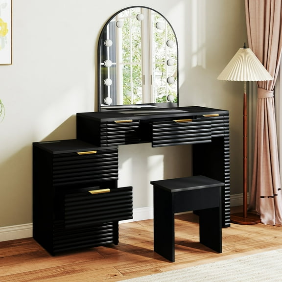 Makeup Vanity Desk With Mirror Lights Glass Tabletop Vanity Table Modern Makeup Desk With Drawers For Bedroom,Black