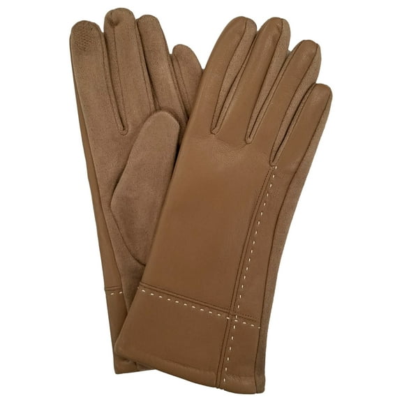 Womens Stitch Brown Vegan Leather Stretch Fit Texting & Tech Touchscreen Gloves