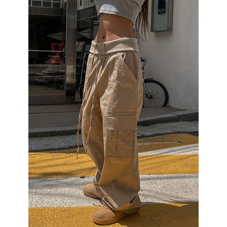 allshope Women Loose Cargo Pants Casual Solid Color Elastic Waist
