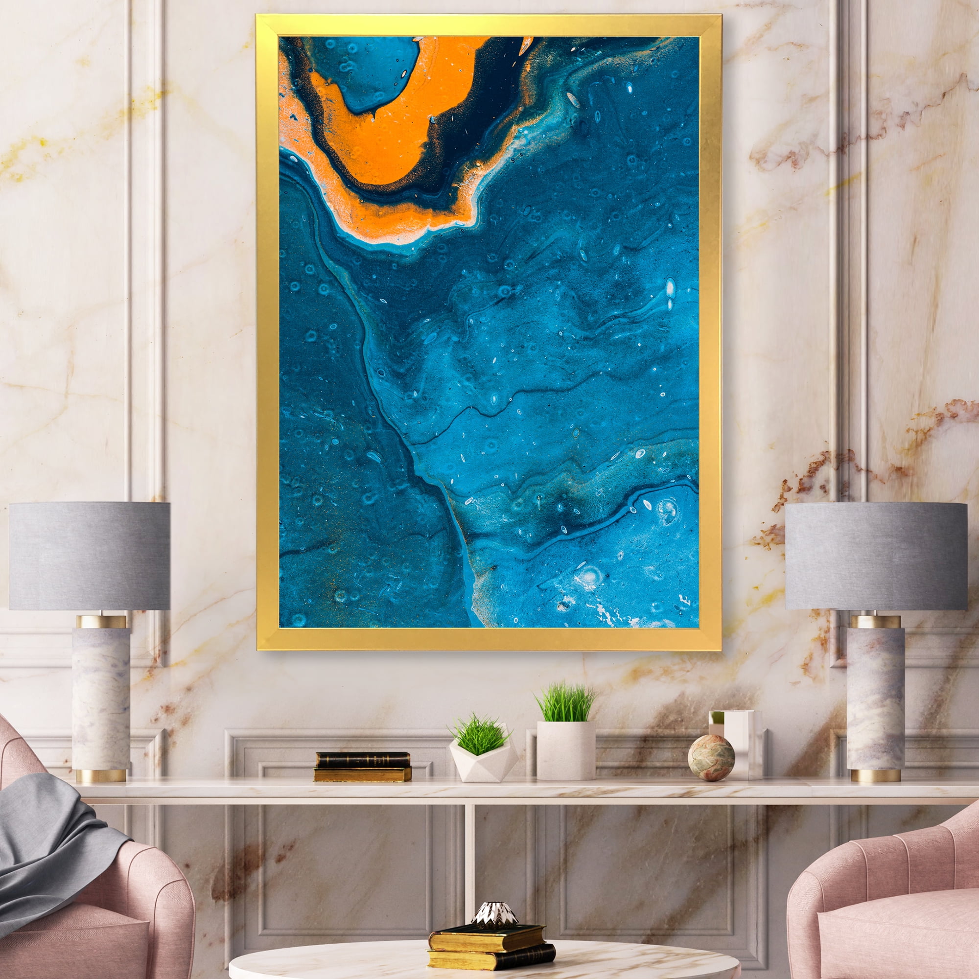 Designart 'Abstract Marble Composition In Orange and Blue III' Modern Framed Art Print