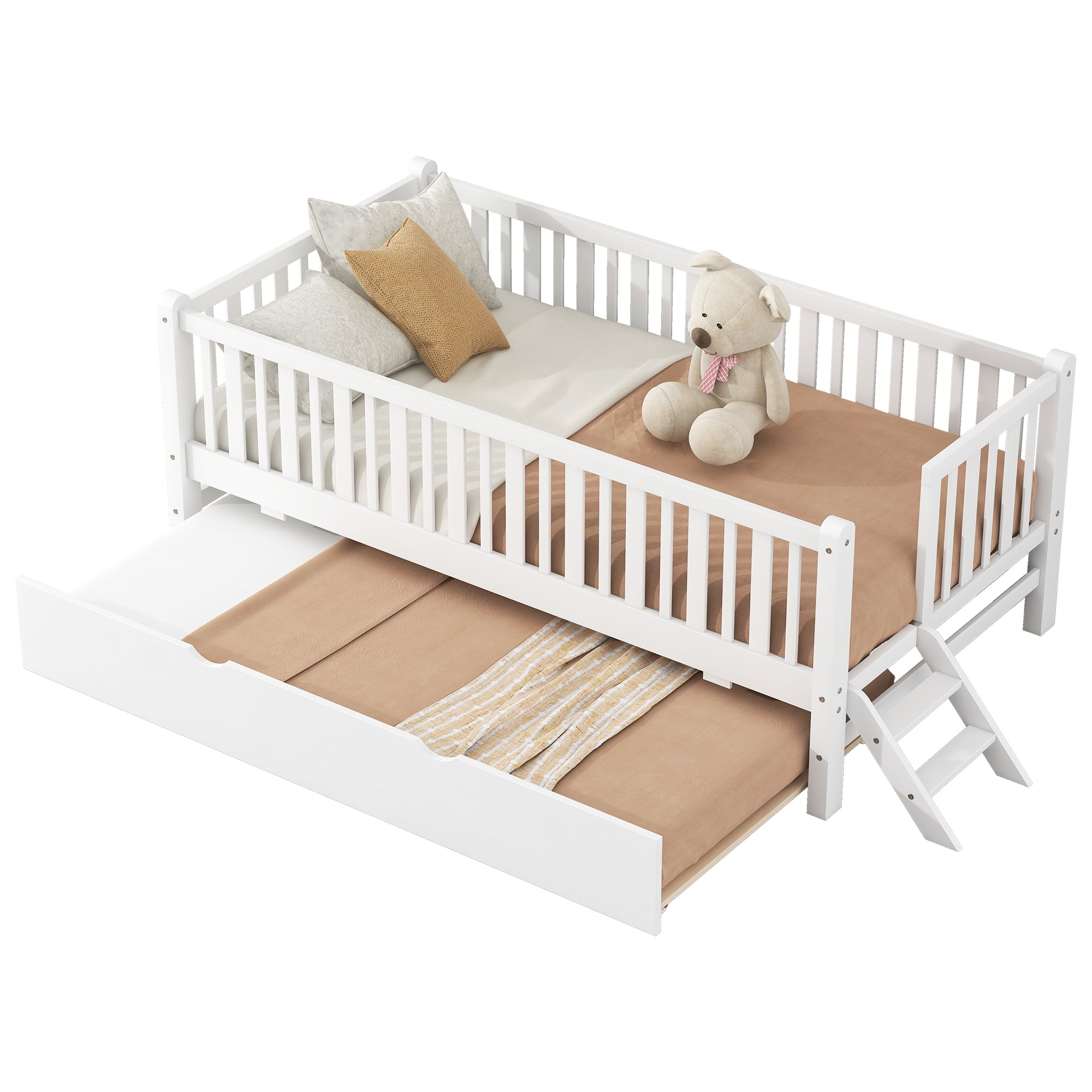 Euroco Wood Twin Size Platform Bed with Trundle, Guardrail Bed for Kids Teens Toddler, White