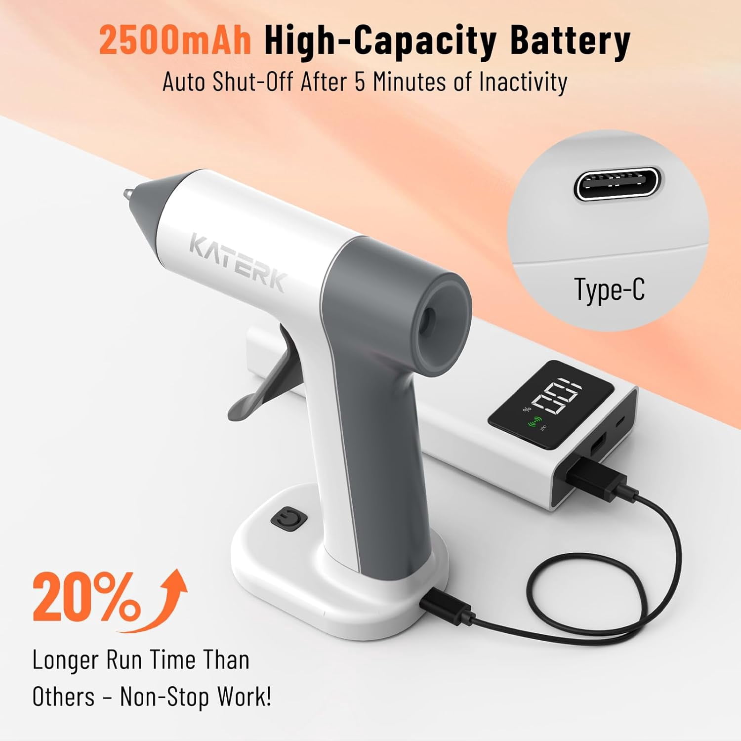 Cordless Hot Glue Gun Kit, 30s Fast Heating, 20 Glue Sticks, 2500mAh Rechargeable, Auto Shut-Off, Portable for DIY Crafts & Repairs, White