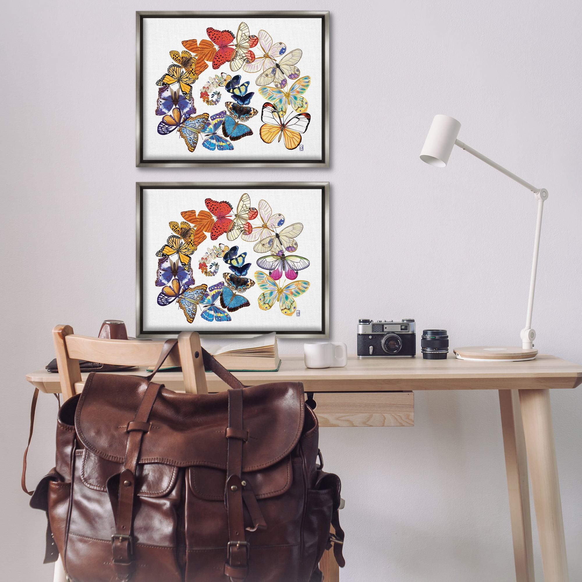 Stupell Industries Fly Away Butterfly Spirals Animals Painting Gray Floater Framed Canvas Art Print Wall Art, 31 x 25, Set of 2