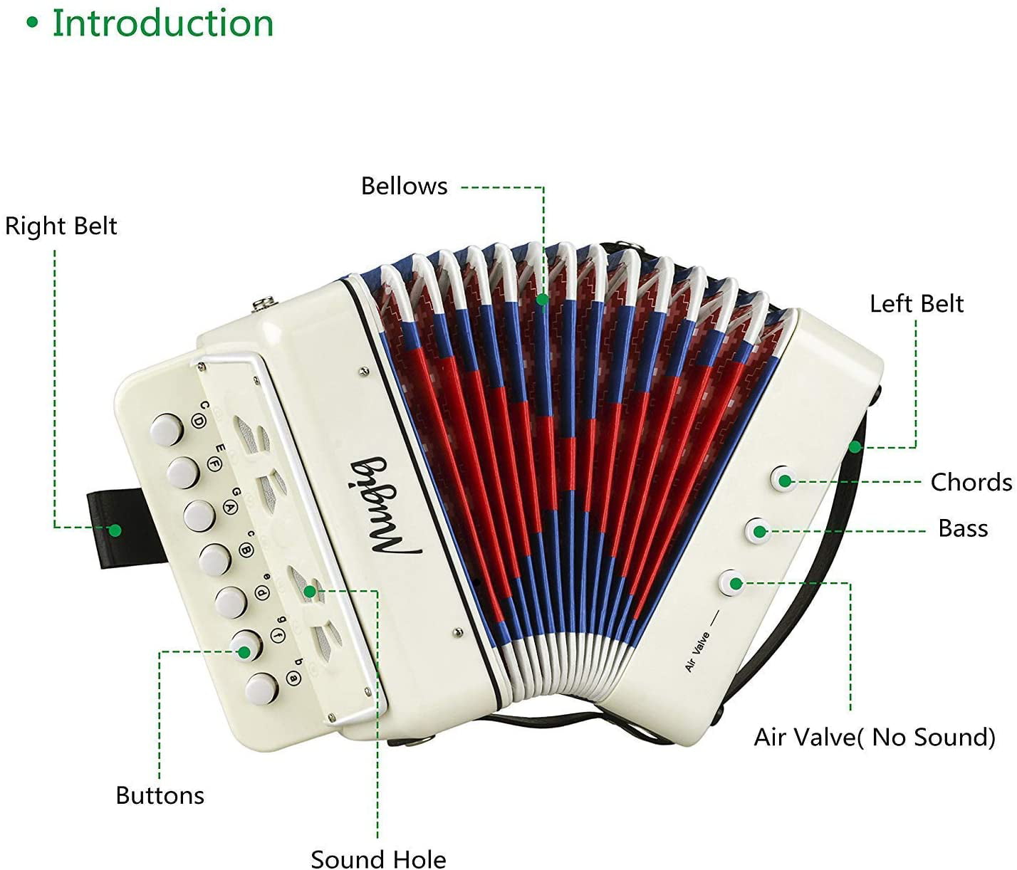 Educational MKA-2 17 Key Keyboard Piano Accordion with adjustable Straps White Solo and Ensemble Instrument Mugig Accordion Musical Instrument for Early Childhood Teaching 