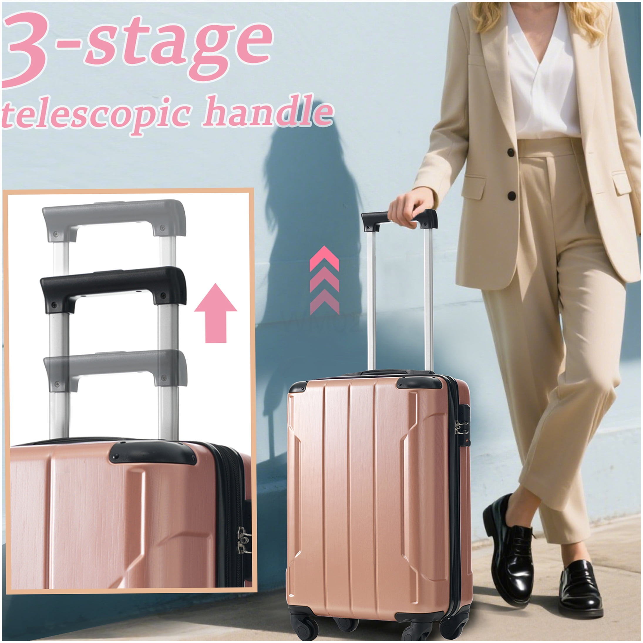 20 Inch Rose Pink ABS Hardshell Suitcase, TSA Lock Lightweight Carry On Luggage with 8 Spinner Wheels