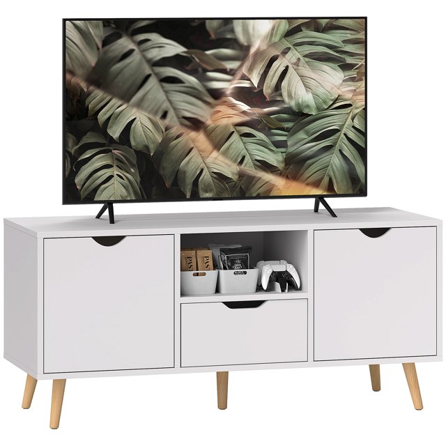 HOMCOM Meuble Télé avec Rangement, Table Télé pour Télé jusqu'à 50 Pouces, Blanc
