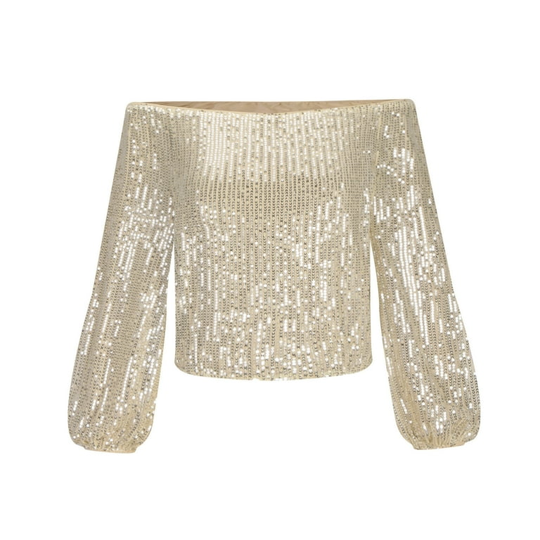 Women's Off Shoulder Sequin Tops Sparkly Glitter Long Sleeve
