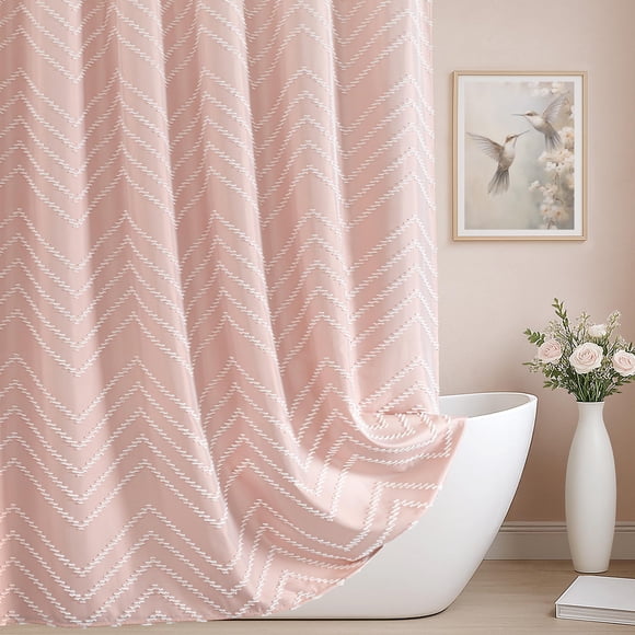 Cortina de ducha TURKIO rosa rubor con textura bohemio en forma de cheurón 180 x 180 cm