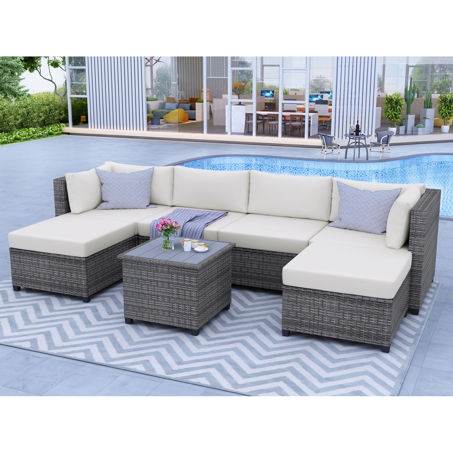 Kadyn 7 Piece Rattan Sectional Seating Group, Outdoor Conversation Sofa Set, Outdoor Ratten Sofa NEW with Cushions and Table, Beige