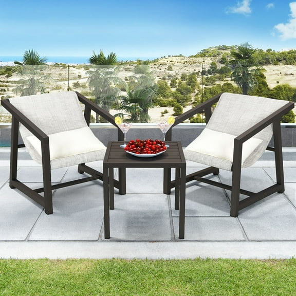 LEIYY 3-Piece Outdoor Furniture Set, All-Weather Textile Patio Bistro Set with Pillows, Small Patio Conversation Set for Balcony Outside, Outdoor Sling Chairs and Side Table - Brown & Ivory
