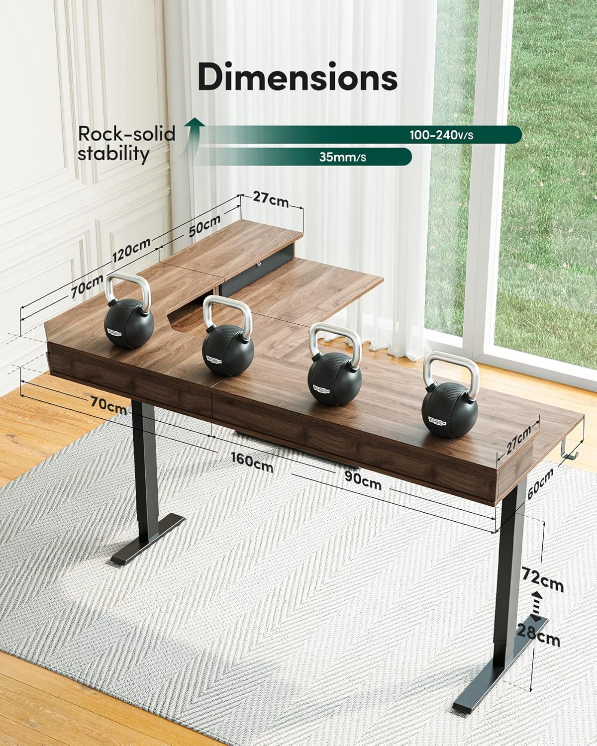 DESINO L Shaped Standing Desk, 63 inch Electric Height Adjustable Home Office Desk with Drawers, Large Ergonomic Computer Desk with Reversible Tabletop, 2 Memory Height Settings, Black Walnut