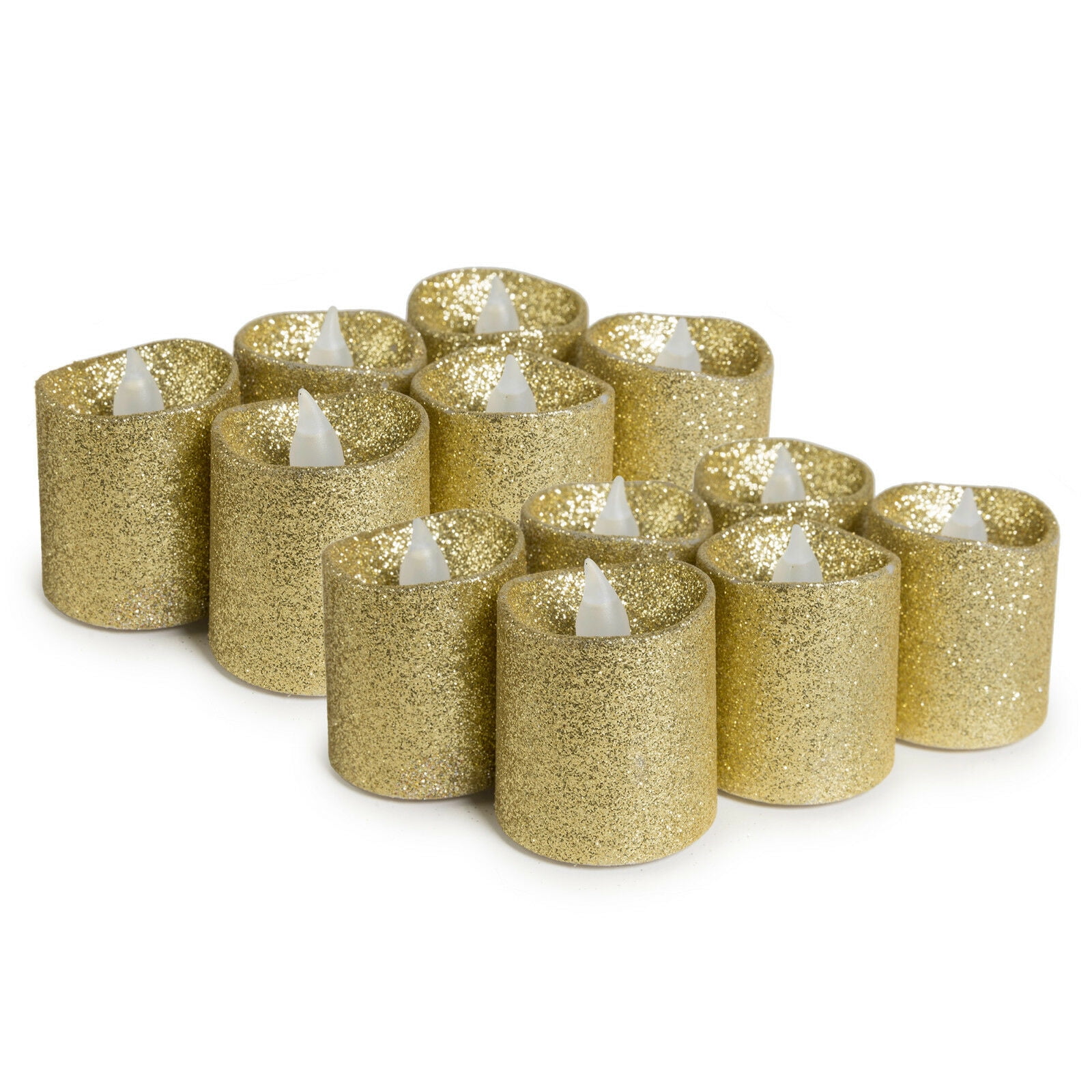 Set of 12 WYZworks Gold Glitter Tea Light Flameless LED Faux Wax