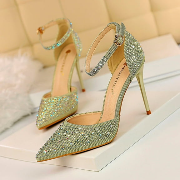 XIMIN Women's High Heel Pointed Toe Stiletto Pumps Sparkling Shiny Rhinestones Ankle Strap Wedding Bridal Evening Party Dress Shoes Heel (7.5, Gold)