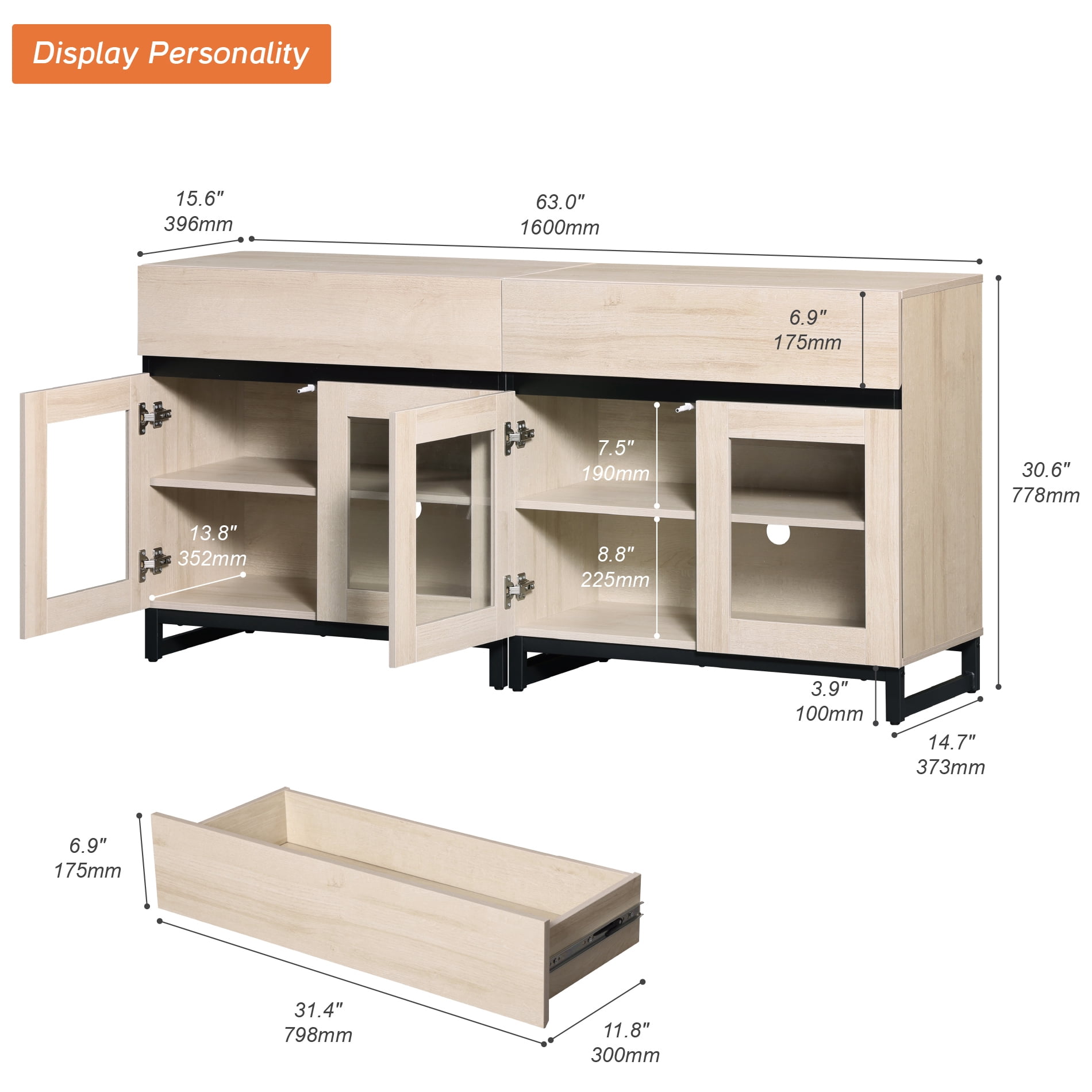 2 in 1 Sideboard with 4 Glass Doors & 2 Drawers, Metal Base, Wood Grain for Living Room, Kitchen，Beige
