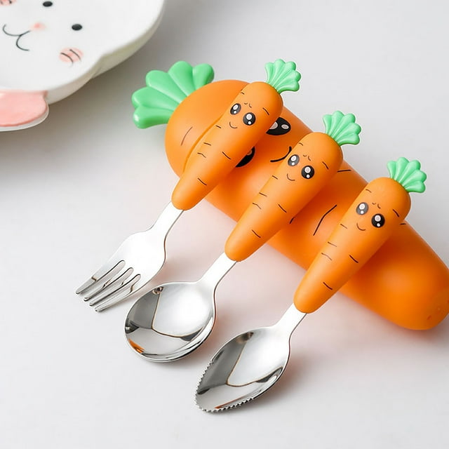 Children Cutlery Cartoon Fork Head Passivation Mirror Reflection Carrot Shape Spoon Fork for Kids