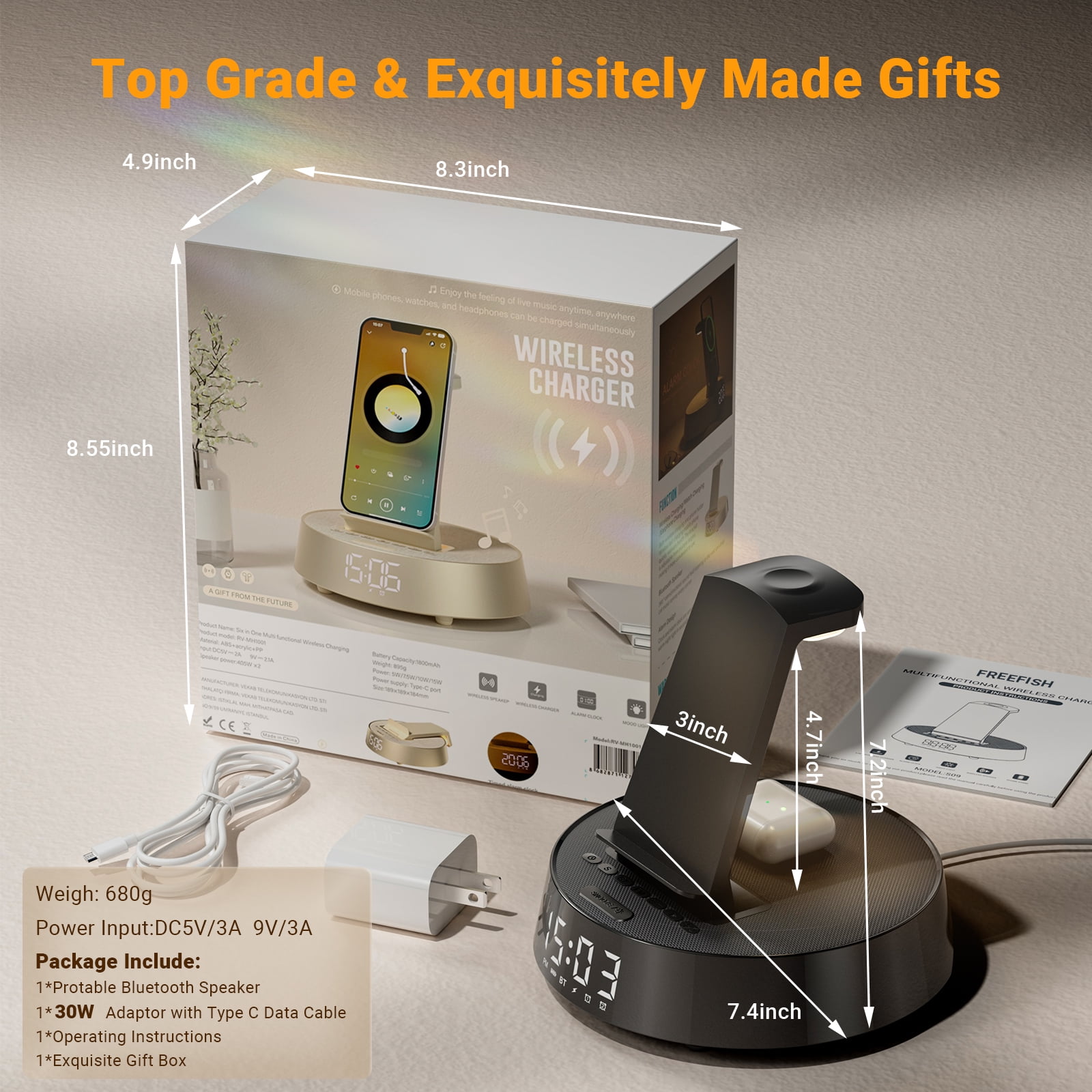 7-in-1 Wireless Charging Station For iPhone, Apple Watch, AirPods & Bluetooth Speaker Alarm Clock Dimmable Night Light Black
