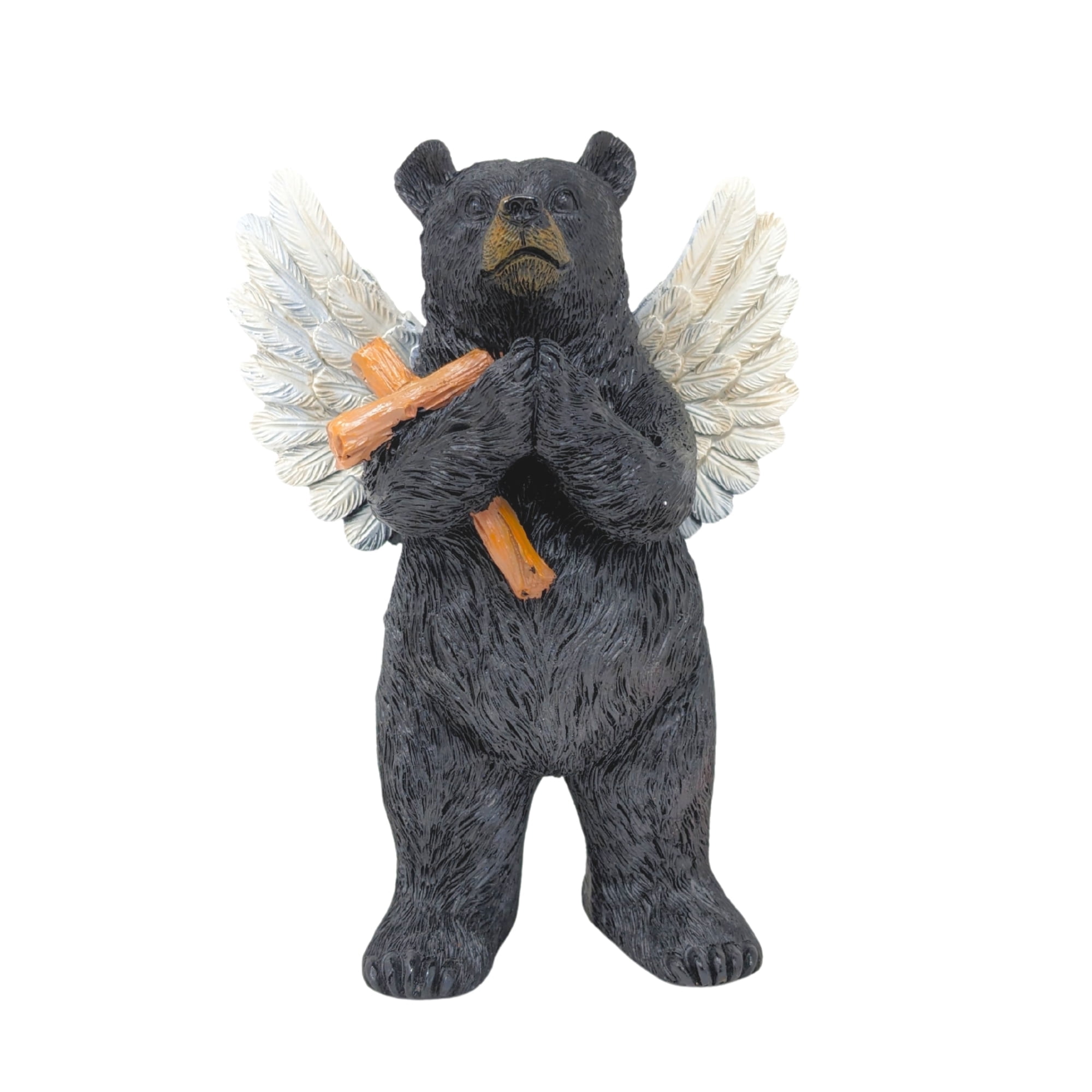 Black Bear Angel Figurine with Cross – Rustic Praying Bear Statue with Wings – Religious Resin Décor for Cabin Lodge or Woodland Home – Inspirational Christian Gift or Memorial Accent