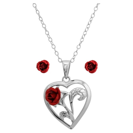 Brilliance Fine Jewelry Women s Sterling Silver Red Rose Heart Pendant and Stud Earring Set