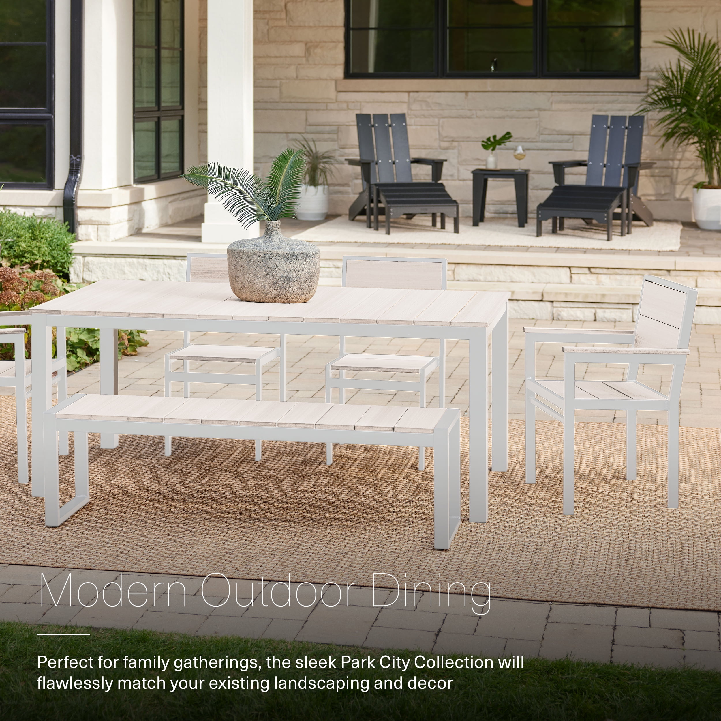 DuroGreen Park City 72" Rectangular 6-Pc Outdoor Dining Set, 1 Table/1 Bench/4 Chairs Made With All-Weather Tangentwood, High End Patio Furniture, Easy Assembly, USA Made, Black with Paper Birch