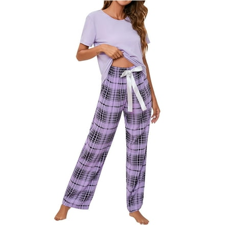 

Women s Pajamas Sets Short/Long Sleeve with Plaid Pants Soft Sleepwear O Neck 2 Piece Pjs Joggers Loung Set for Ladies