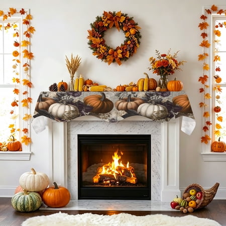 Vintage Pumpkin Fireplace Mantel Scarf Floral Leaf Plant Mantel Scarf Scarves Fireplace Top Runner Cover for Holiday Party Home Decorations 60x17in