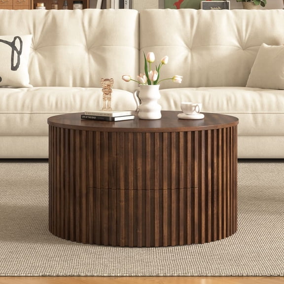 LUMAMIN Round Lift Top Coffee Table, Tea Table with Fluted Wood Base and Hidden Storage, Modern Accent Table for Living Room with Lift-Up Mechanism, Brown