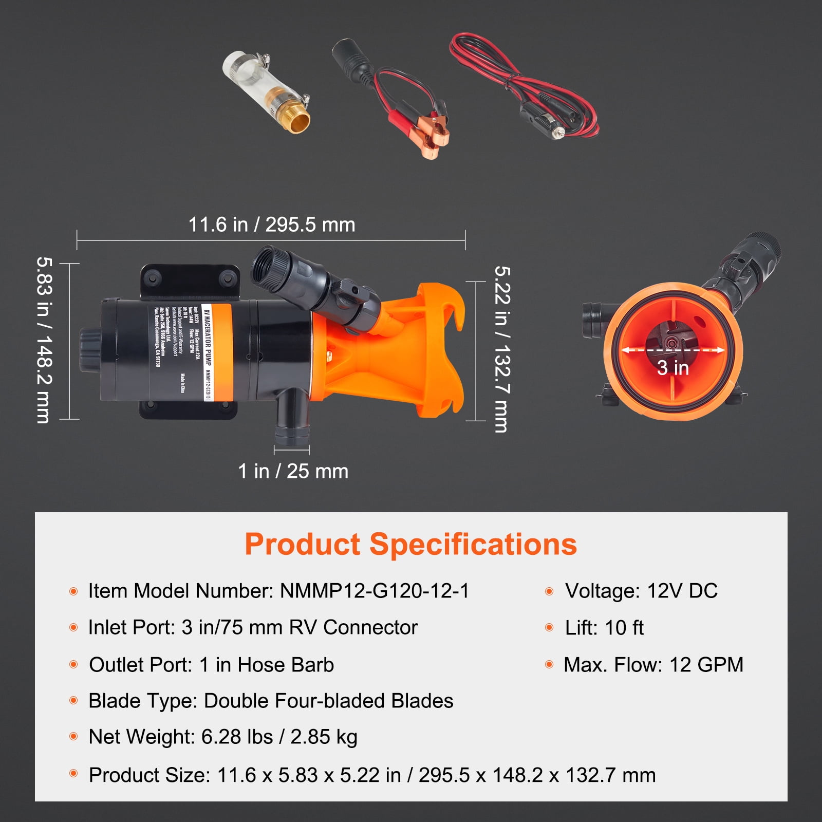 KFFKFF 12V RV portable aeration pump 12 GMP fast release RV garbage sewage pump