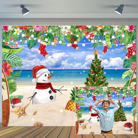 Summer Holiday Backdrop 15 x 10 ft, Tropical Beach Seaside Hawaii Photo Background, Christmas in July Snowman Backdrop for Birthday Party Photo Props Supplies Decor