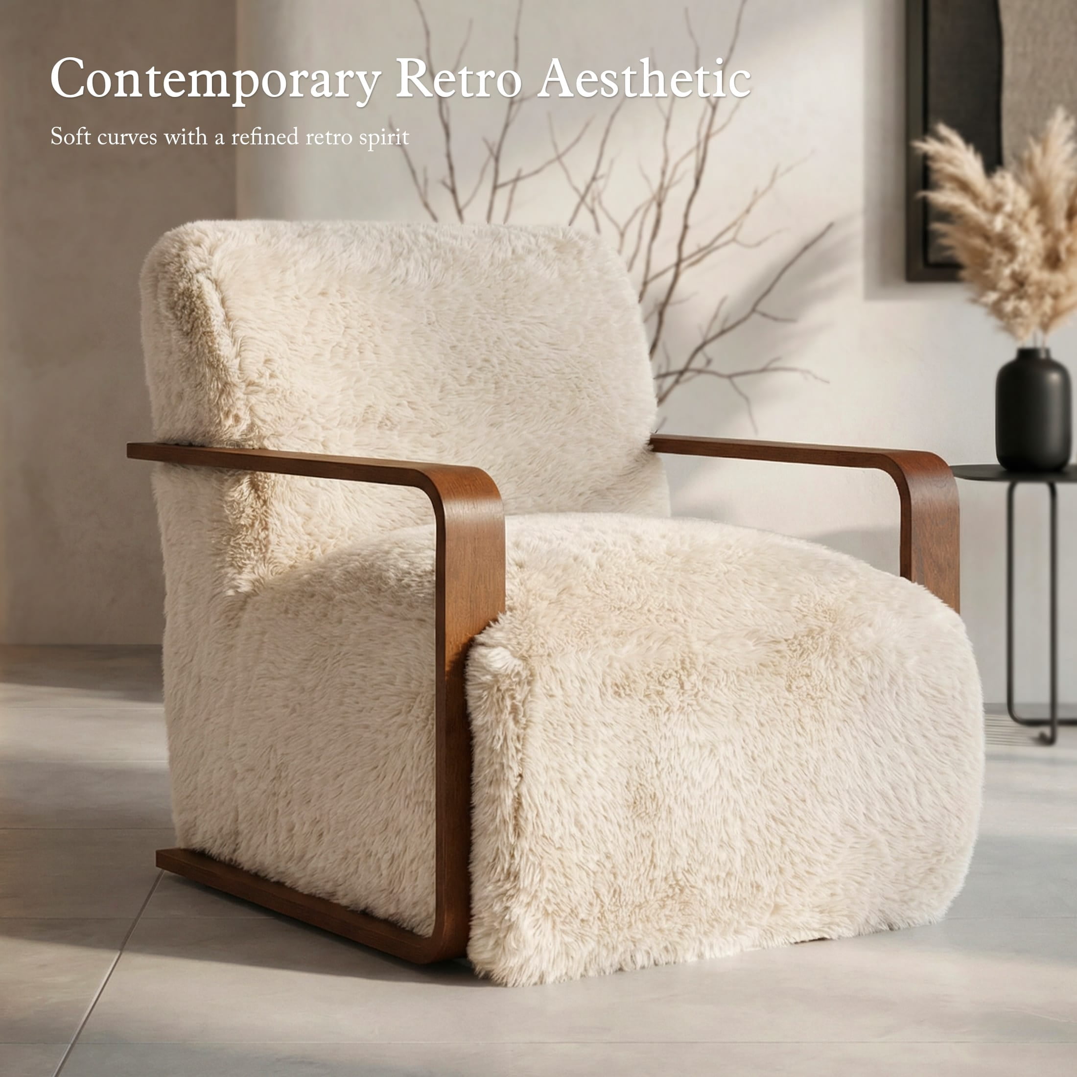 Aenkyo Yeti Contemporary Faux Fur Accent Chair with Dark Walnut Wood Arms, Ivory
