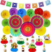 XD-[5 Varieties]28Pcs Mexican Fiesta Party Decorations,Hanging Paper Fans Pom Poms Papel Picado Banner Honeycomb Table Centerpiece Cake Cupcake Topper Día De Muertos Luau*1