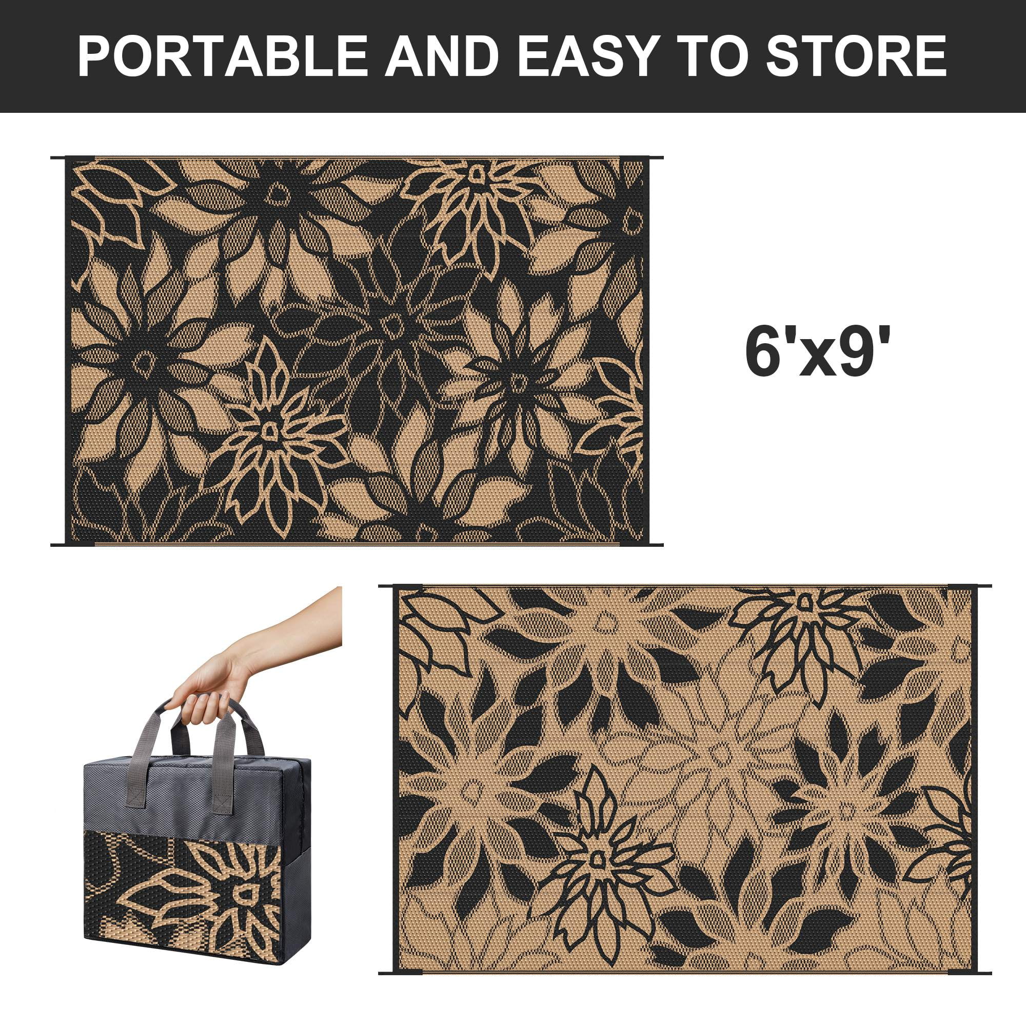 KUETH 6'x9' Outdoor Rug Waterproof Plastic Reversible Floral Patio Camping Outside Carpet,Black Brown