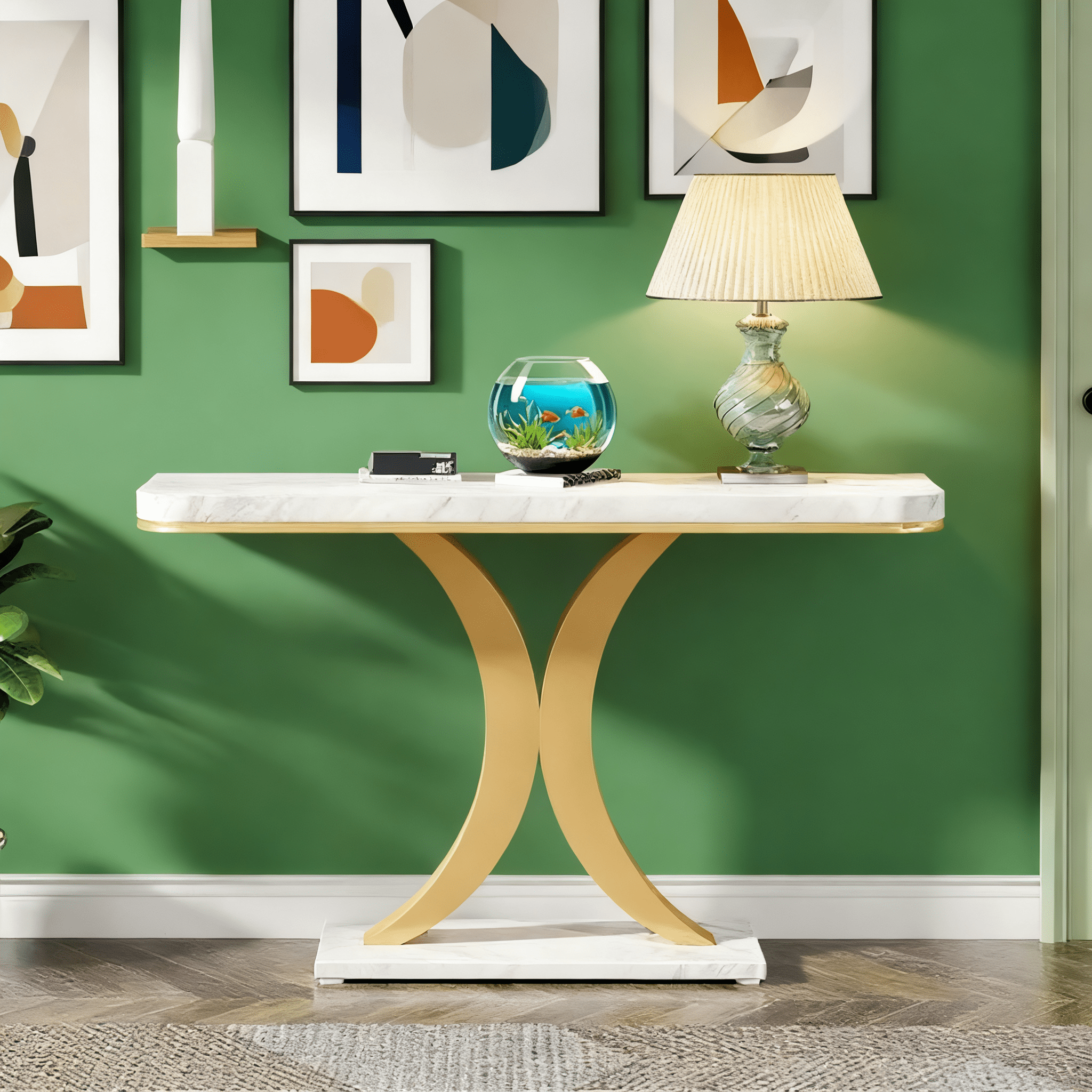 39.4" Industrial Console Table - Rustic Brown Wood Grain with Curved Edge, Heavy-Duty Geometric Base, Narrow Entryway Table for Living Room, Hallway & Foyer