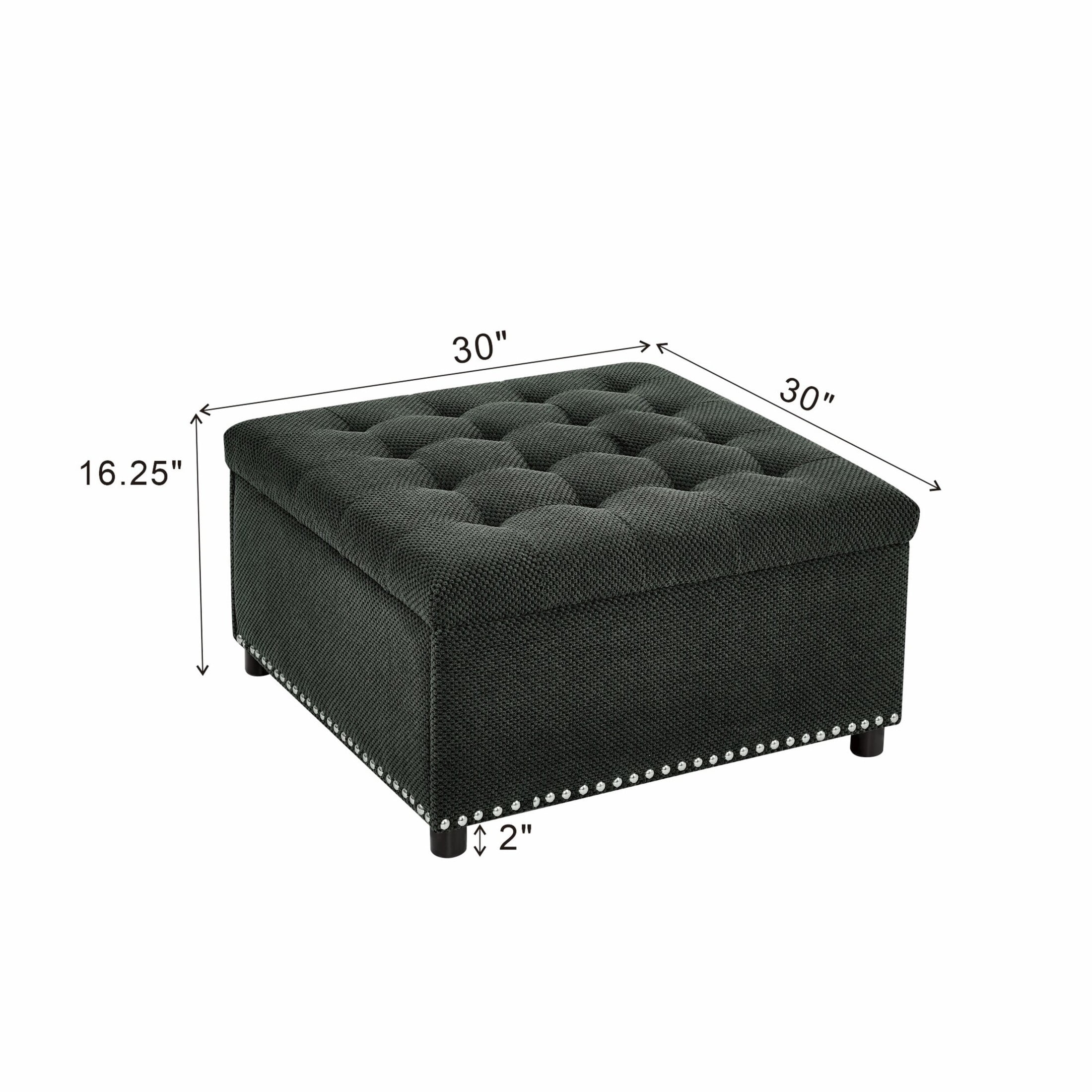 Noble House 30" Square Storage Ottoman with Tufted Top, Nailhead Trim, Dark Gray