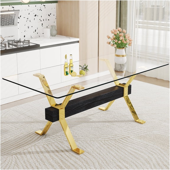 JERFIT Modern Glass Top Dining Table with Gold Metal Legs for Kitchen Office Conference Room