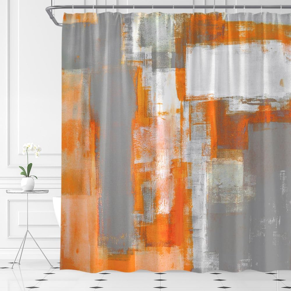 Orange Gray Shower Curtain Abstract Art Grunge Style Brushstrokes Oil Painting Ombre Design Colorful Art Modern Home Fabric Bathroom Decor Set Include Hooks,(36" Wx70 H)