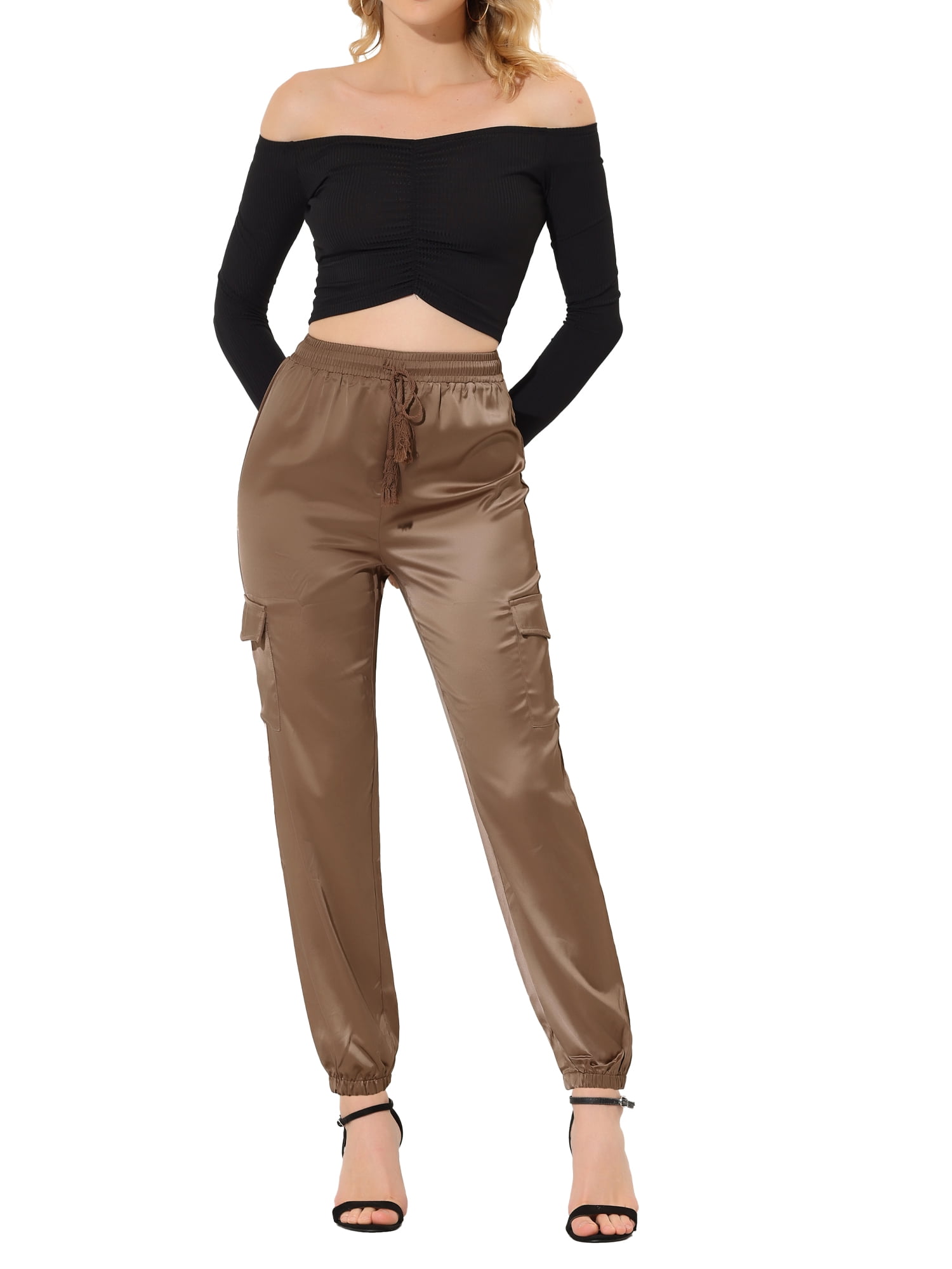 DARING DIVA Women's Drawstring Elastic High Waist Satin Cargo Pants XL Tan