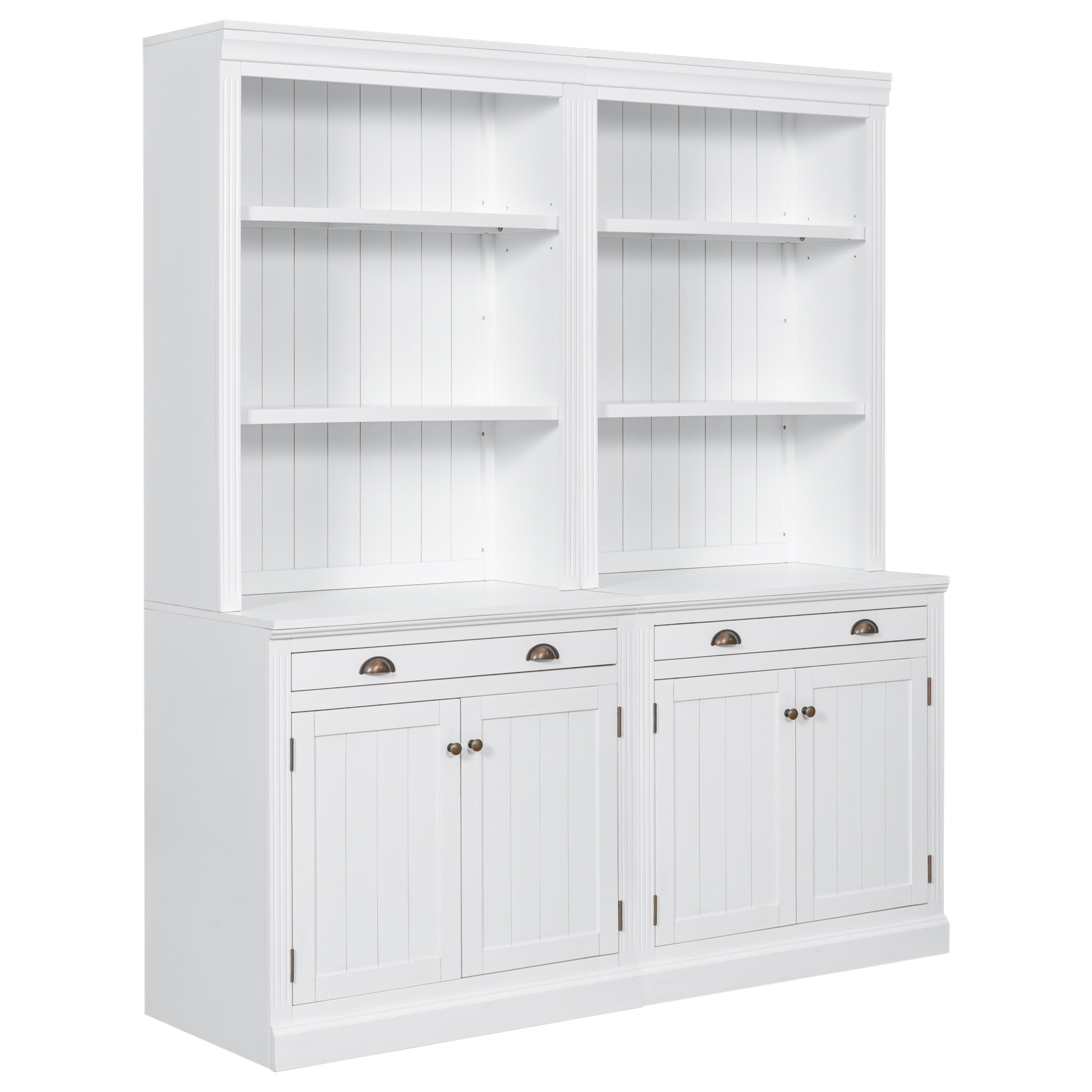 GDF Studio Caldon 83.4" Bookshelf with LED Lighting, Drawers & Panel Doors, Modern Bookcase for Home Office, White, Set of 2