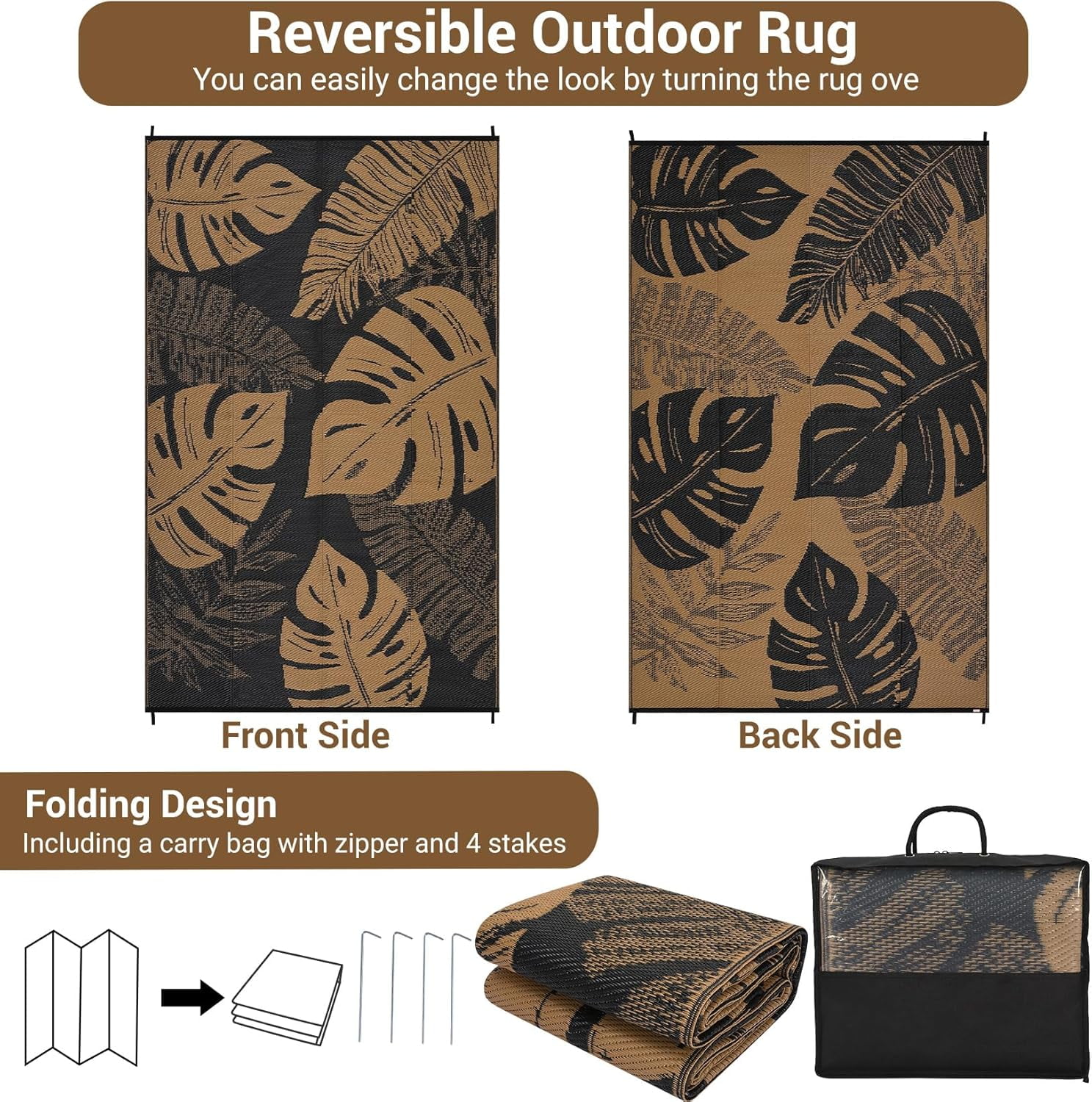 Funslane Outdoor Rug 8' x 10', Waterproof Plastic Straw Mat, Foldable & Reversible, Indoor Outdoor Rugs for Patio, Deck, RV, Beach, Picnic, Black/Brown