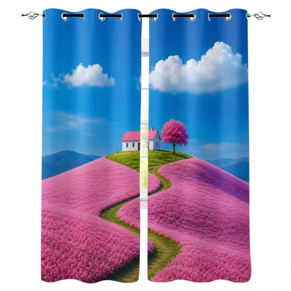 Pink Blue Blackout Curtains Light Blocking Print Window Curtains, Natural Landscape Country Tree Flowers Thermal Insulated Window Drapes for Living Room Kitchen Cafe (2 Panels, 55"W x 39"L)